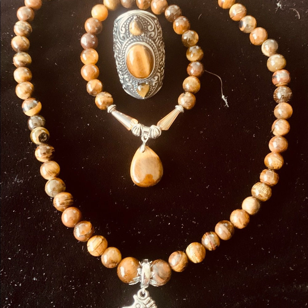 South African Tiger's Eye Matching Jewelry Set, Necklace/Bracelet/Ring NWT